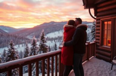 Couple romantique sur un balcon enneigé au coucher du soleil.