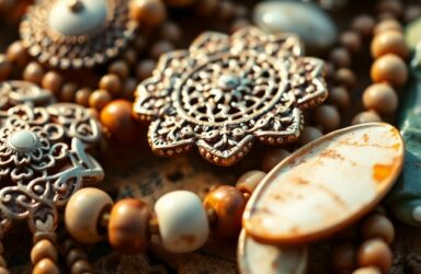 Bijoux insulaires artisanaux avec des coquillages et des pierres naturelles.